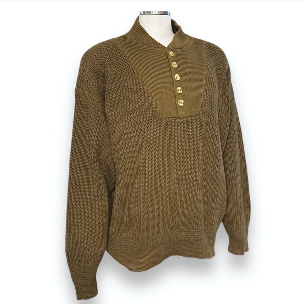 EDDIE BAUER Cotton Knit Sweater Mock Collar Henley Front
